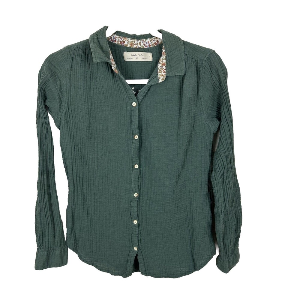 Isabella Sinclair Green Gauzy Button Blouse Lace Back Anthropologie Womens XS
